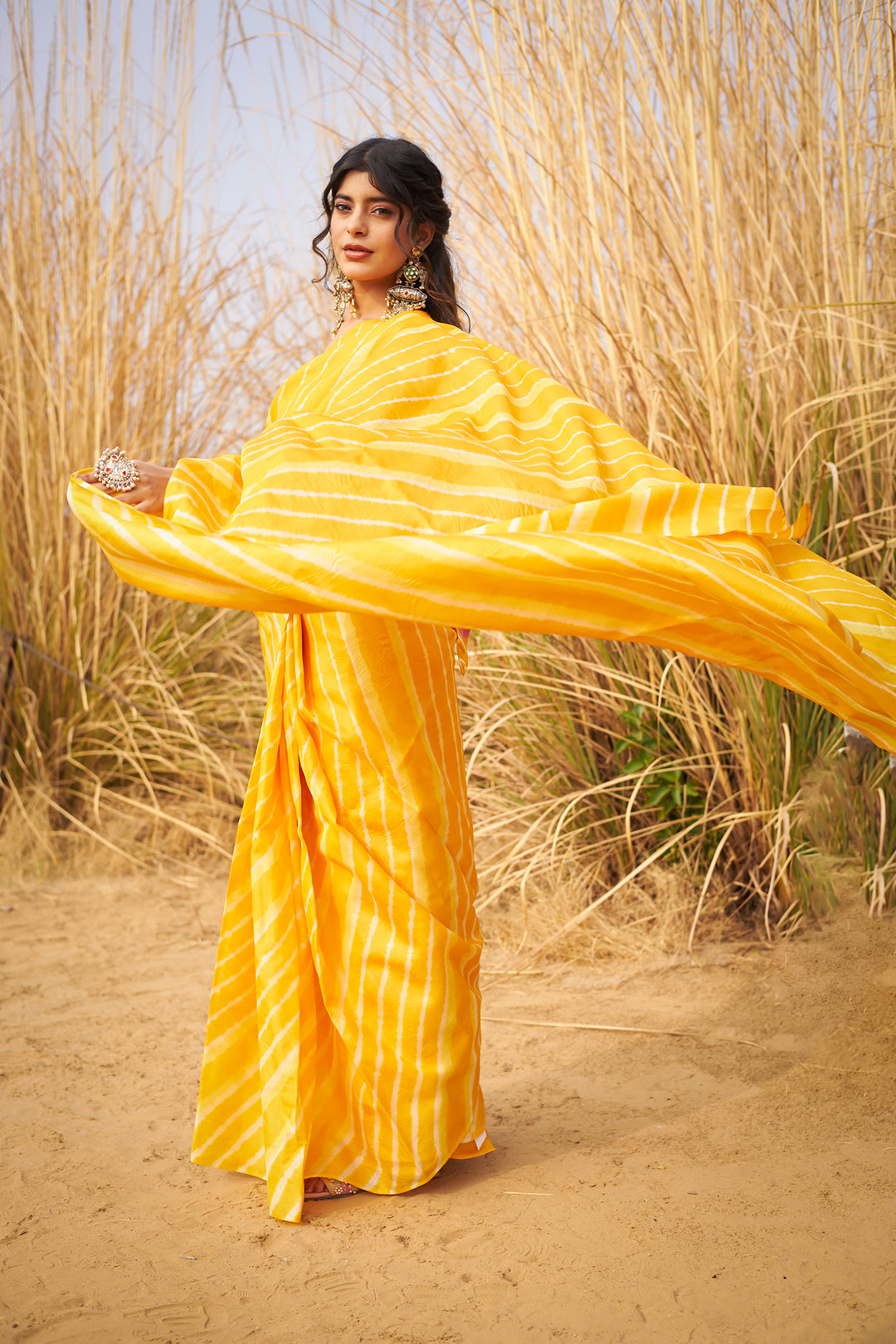 Yellow Tussar Silk Saree in Leheriya Print