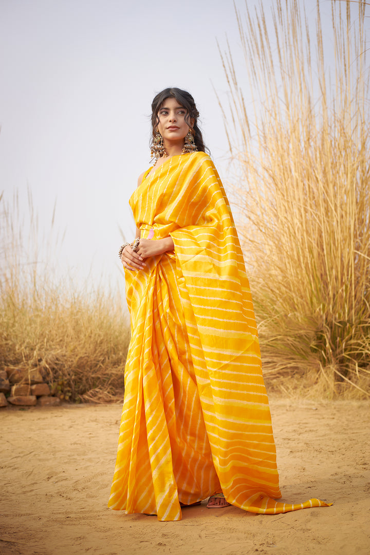 Yellow Tussar Silk Saree in Leheriya Print