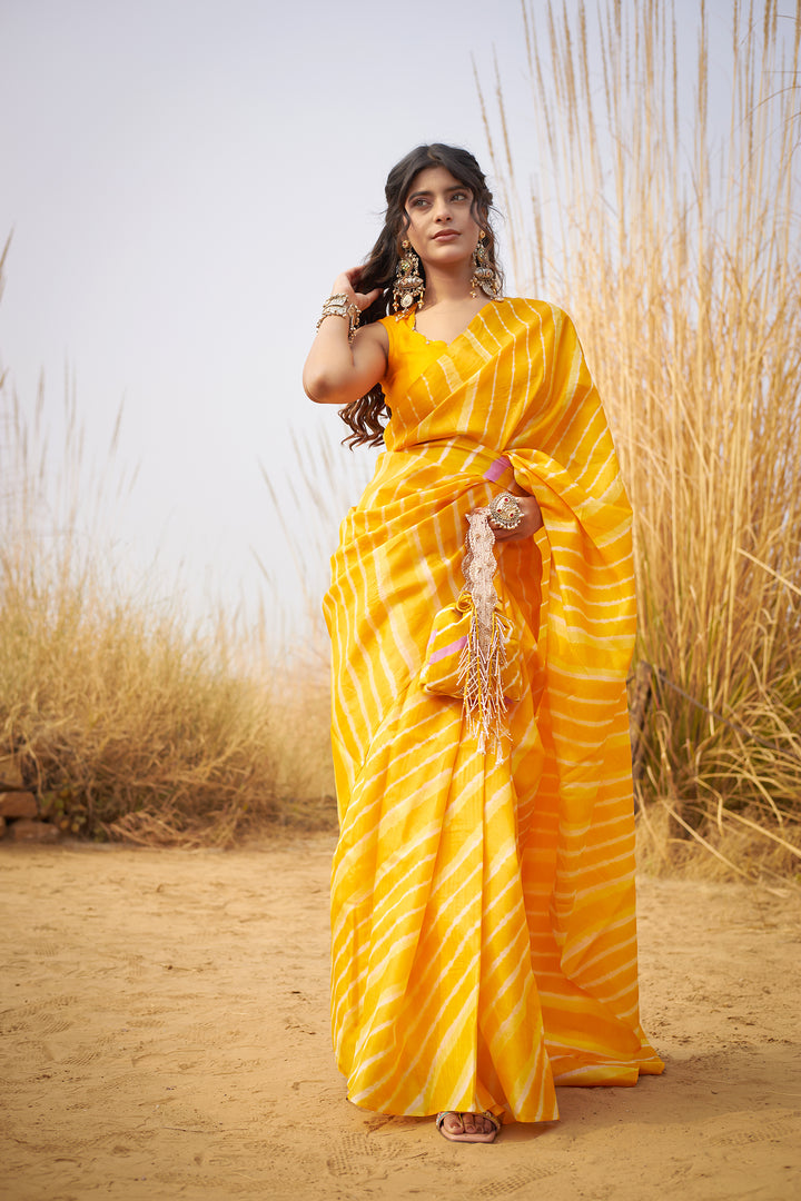 Yellow Tussar Silk Saree in Leheriya Print