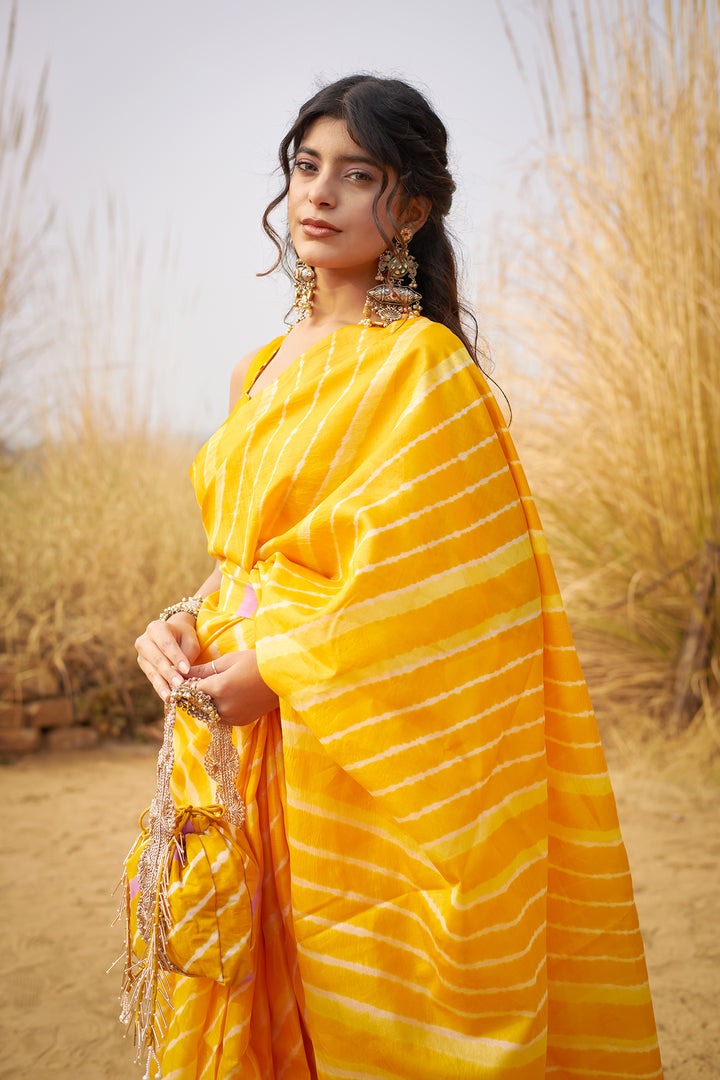 Yellow Tussar Silk Saree in Leheriya Print