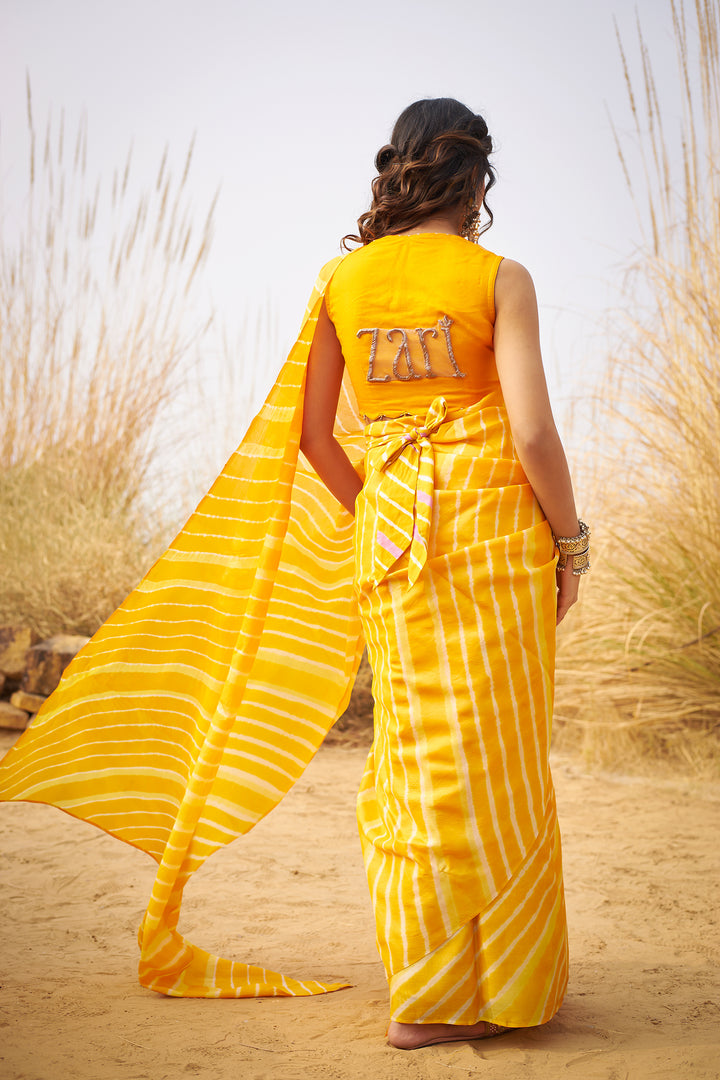 Yellow Tussar Silk Saree in Leheriya Print