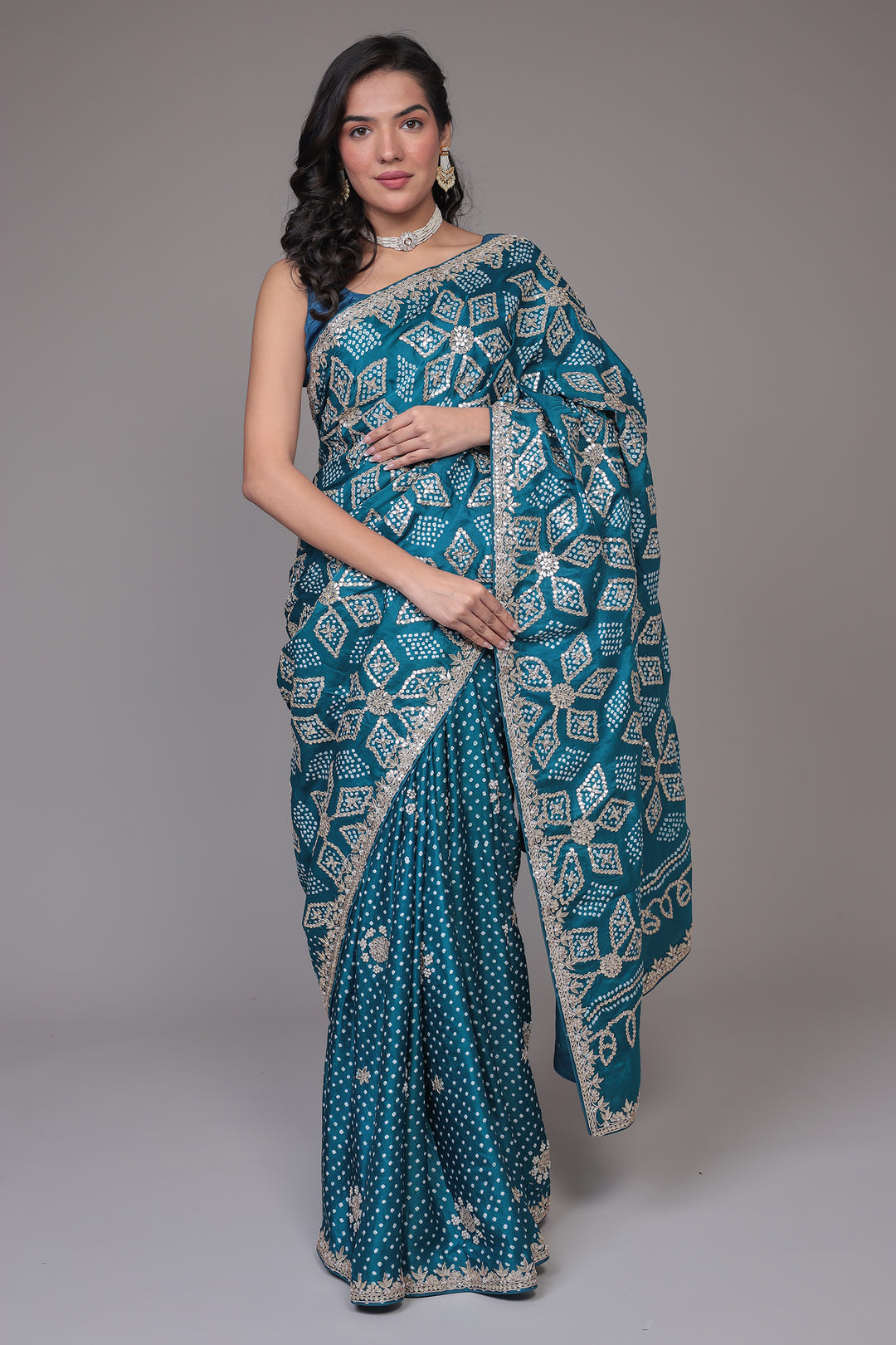 Bandhej Silk Saree with Gota Patti work