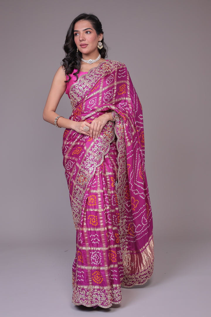 Bandhej Ghatchola Silk Saree with Gota Patti work