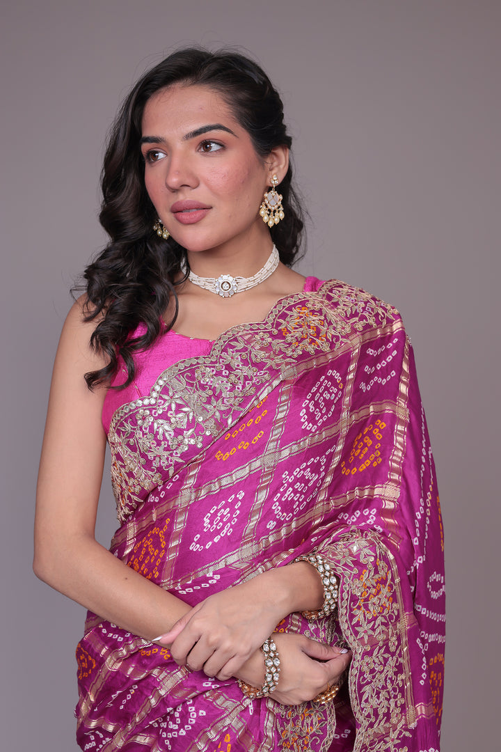 Bandhej Ghatchola Silk Saree with Gota Patti work