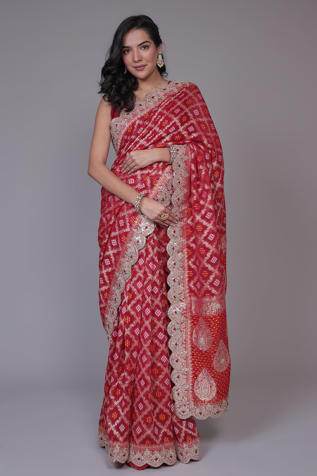 Bandhej Handloom Georgette Saree with Gota Patti work