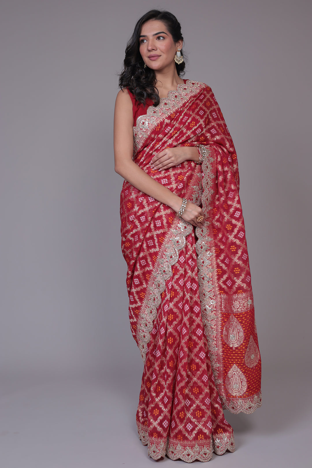 Bandhej Handloom Georgette Saree with Gota Patti work