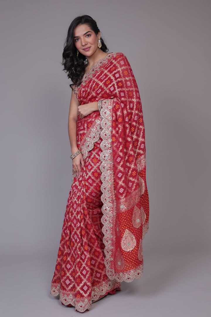 Bandhej Handloom Georgette Saree with Gota Patti work