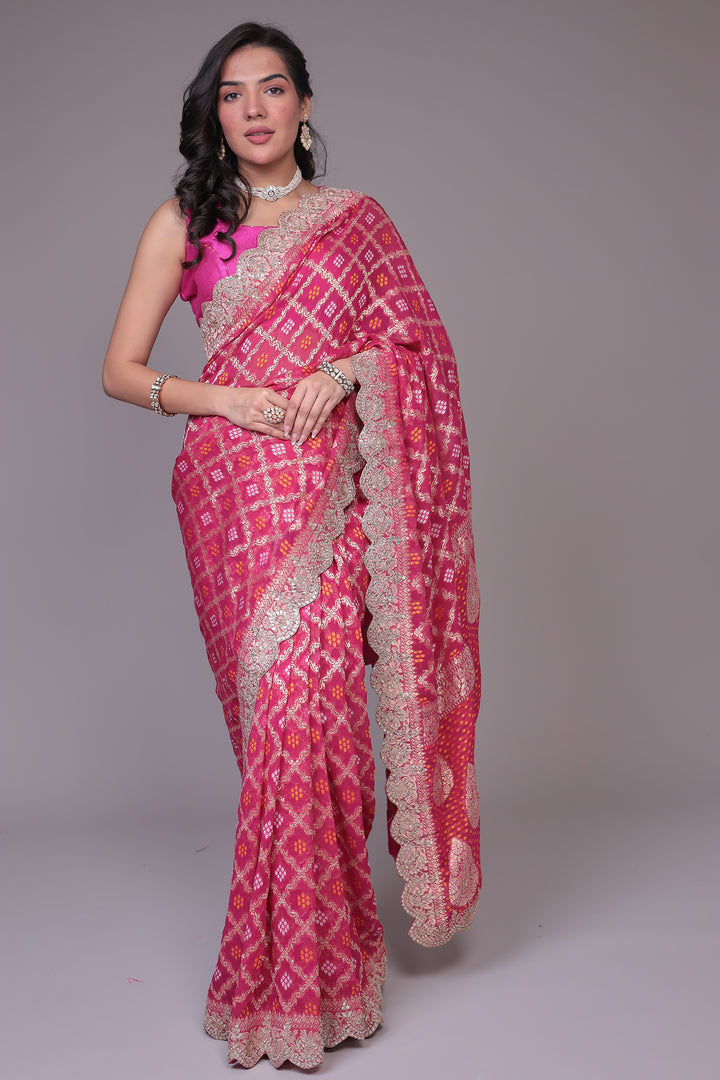 Bandhej Handloom Georgette Saree with Gota Patti work