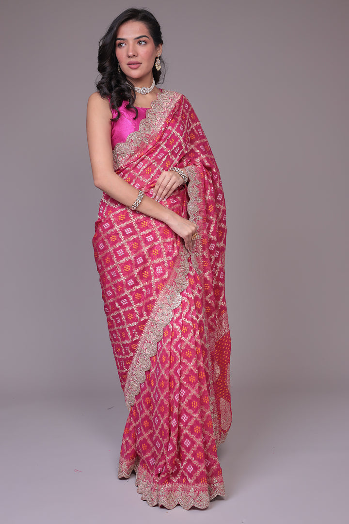 Bandhej Handloom Georgette Saree with Gota Patti work