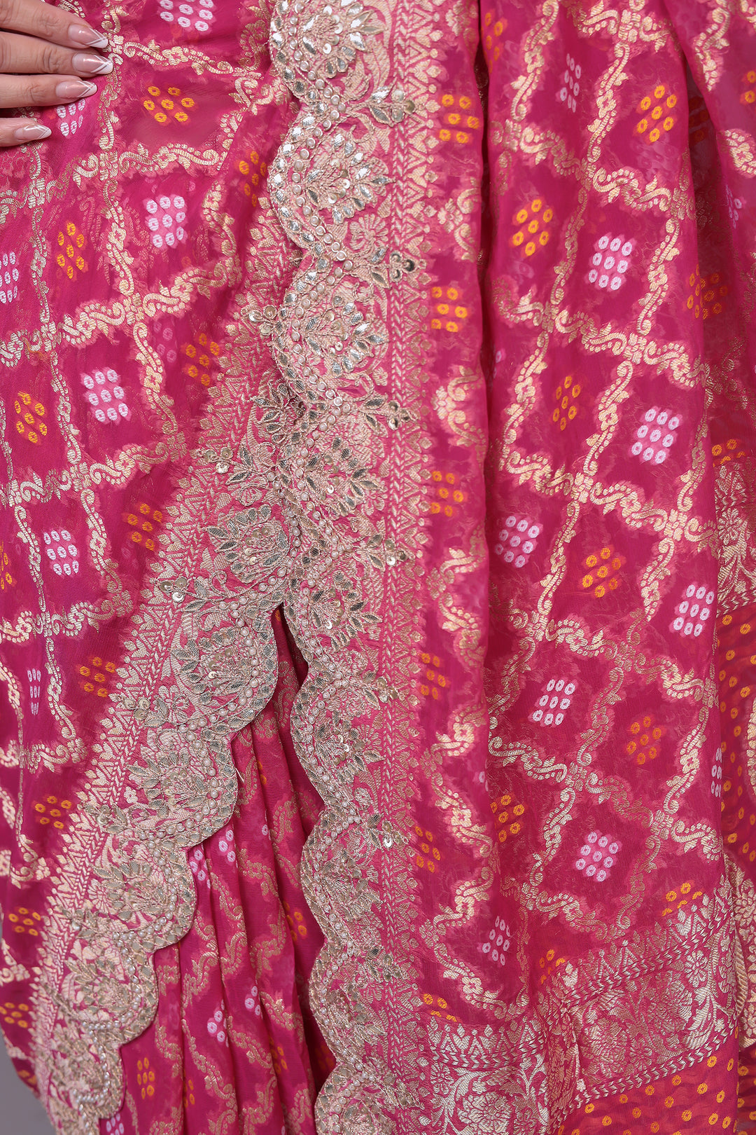 Bandhej Handloom Georgette Saree with Gota Patti work