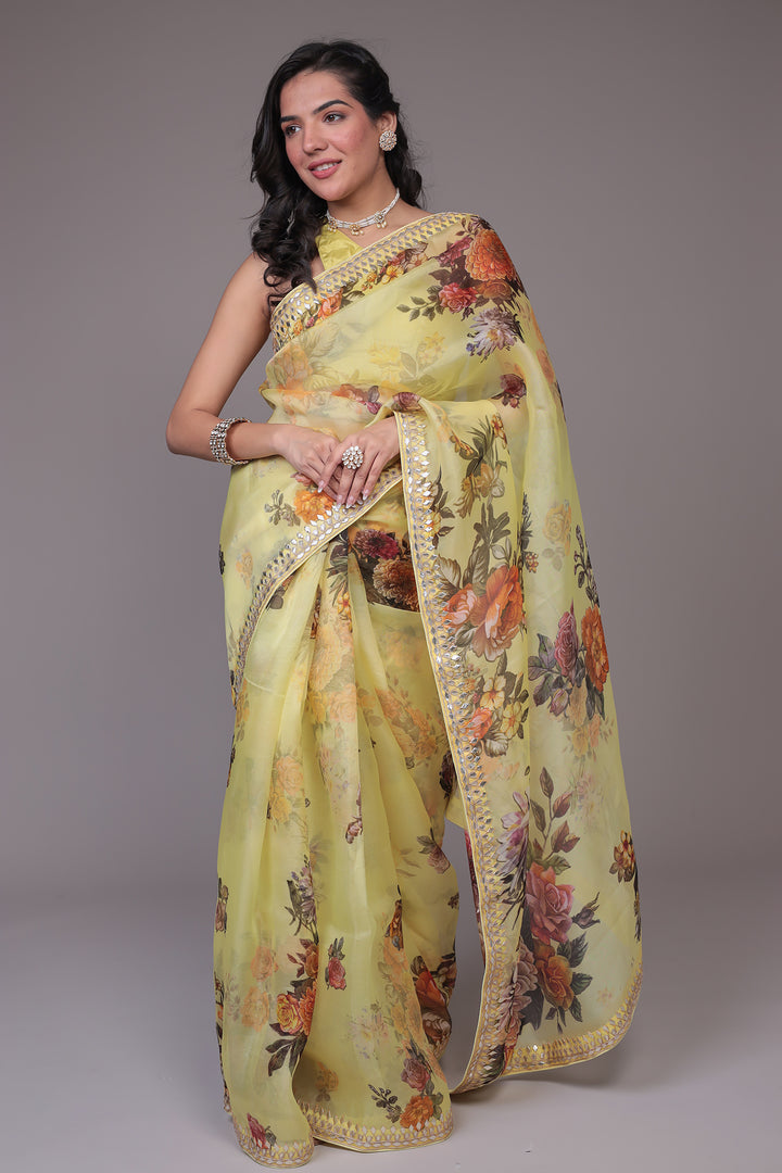 Printed Organza Saree Embellished with Gota Patti work