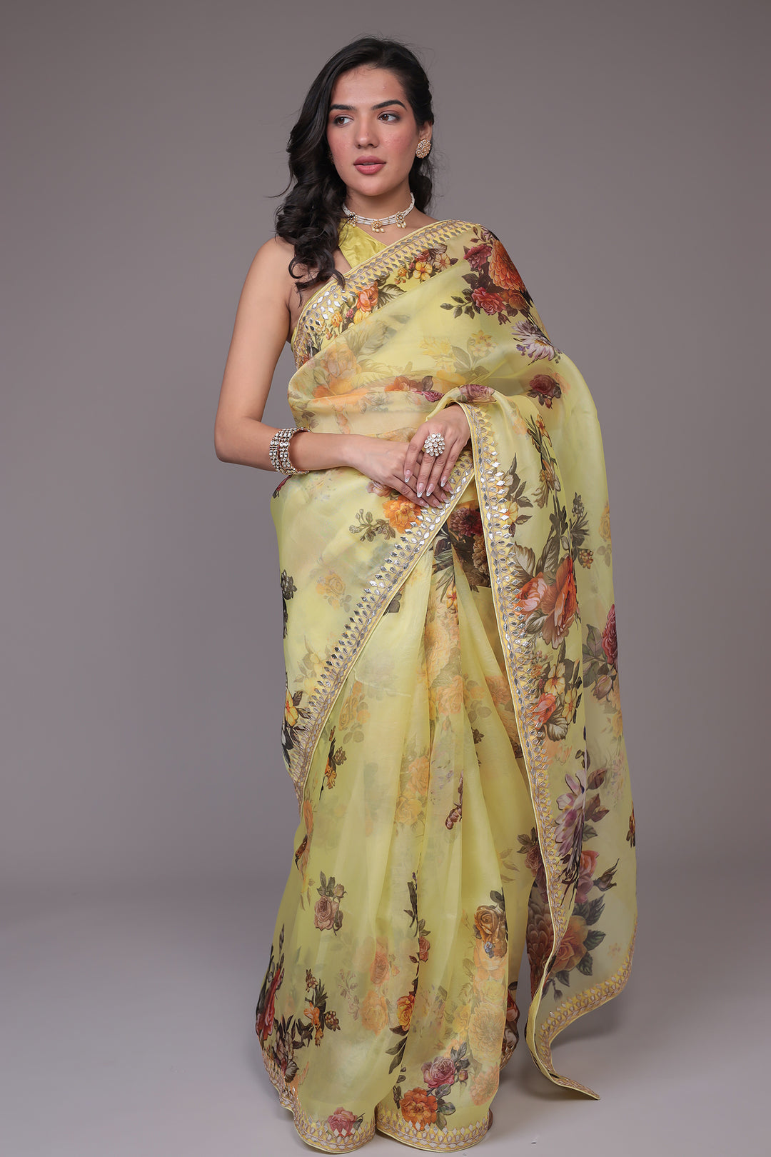 Printed Organza Saree Embellished with Gota Patti work