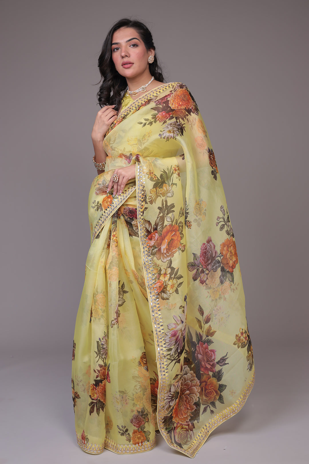 Printed Organza Saree Embellished with Gota Patti work