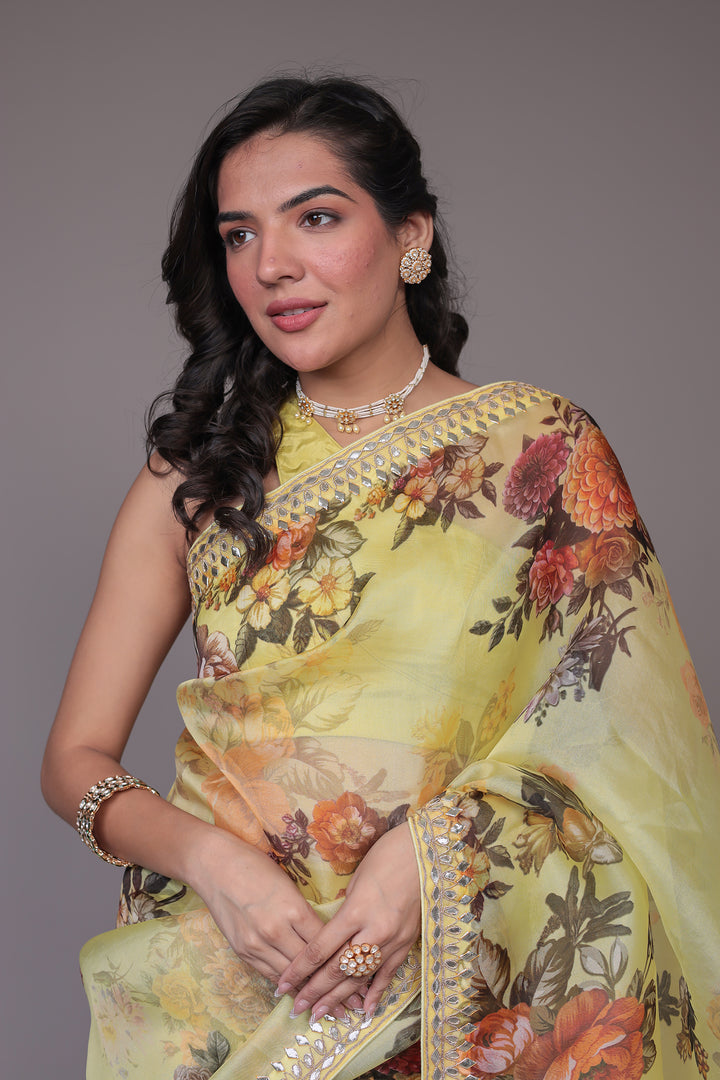 Printed Organza Saree Embellished with Gota Patti work