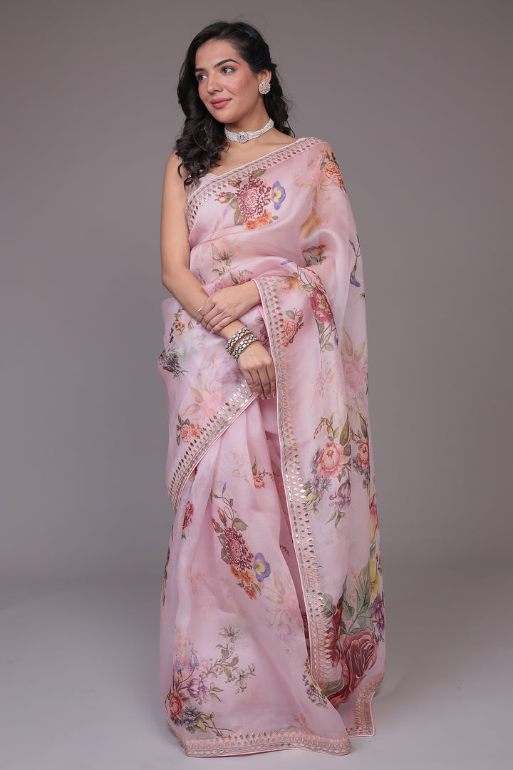 Printed Organza Saree Embellished with Gota Patti work