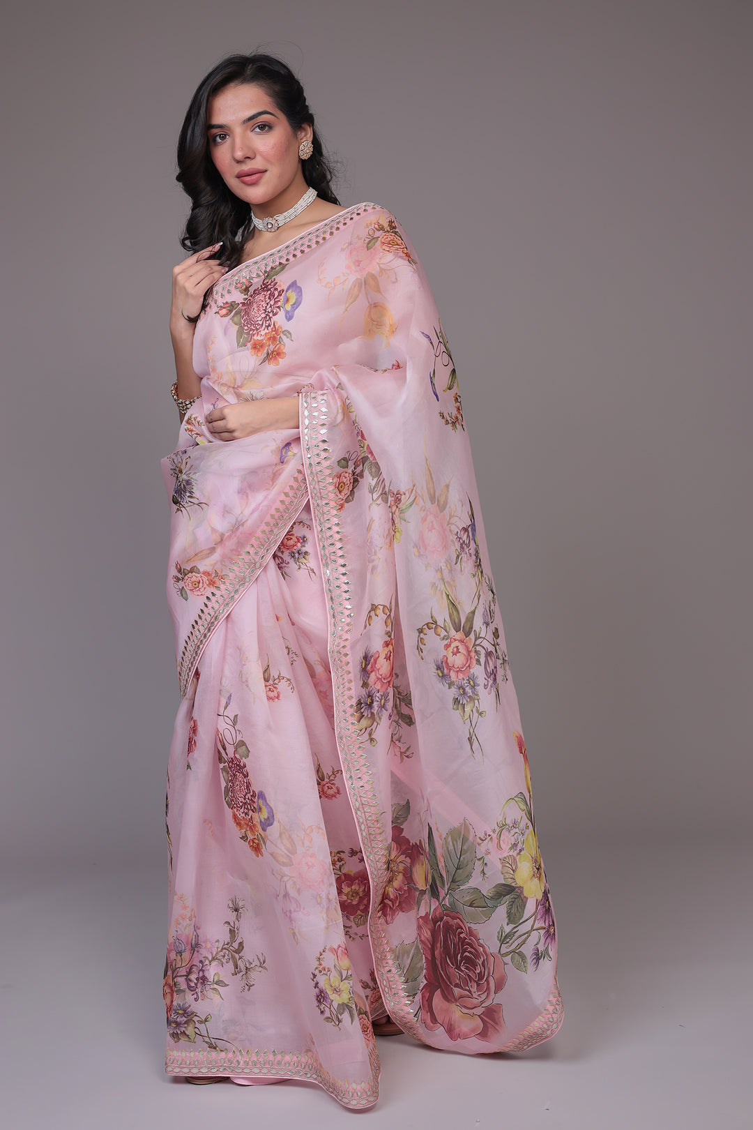 Printed Organza Saree Embellished with Gota Patti work