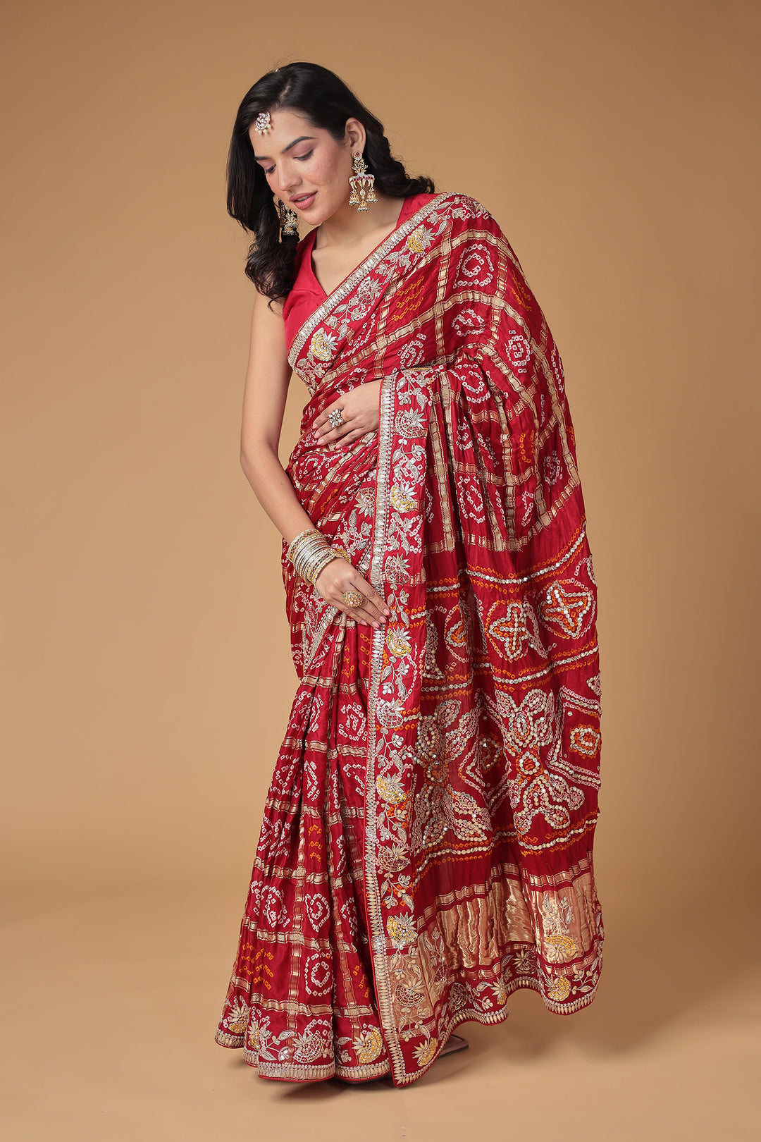 Bandhej Silk Saree with Gota Patti, Embroidered work