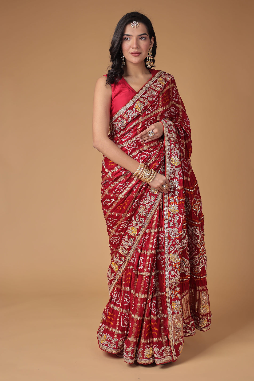 Bandhej Silk Saree with Gota Patti, Embroidered work