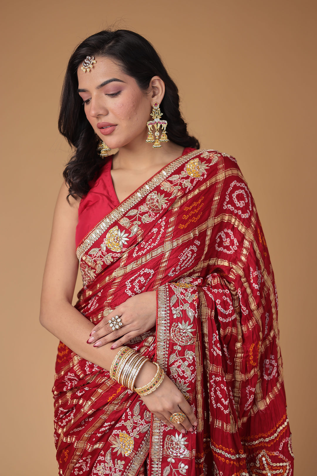 Bandhej Silk Saree with Gota Patti, Embroidered work