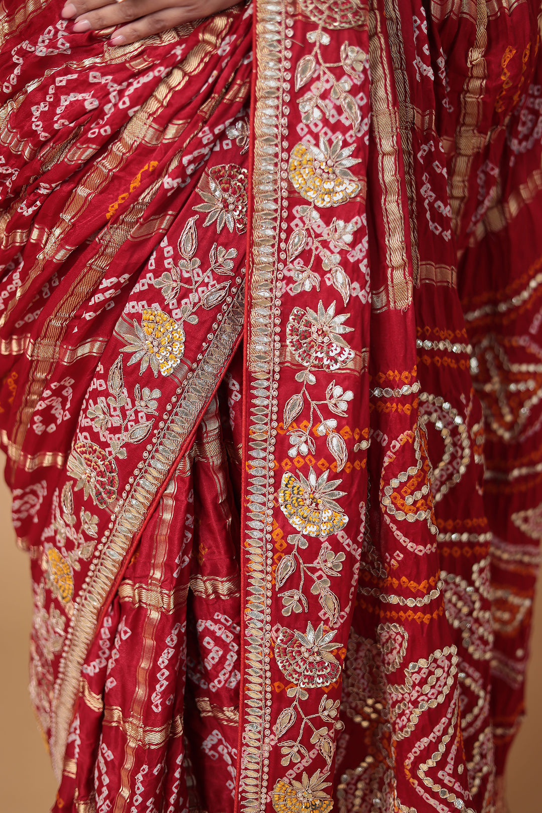 Bandhej Silk Saree with Gota Patti, Embroidered work