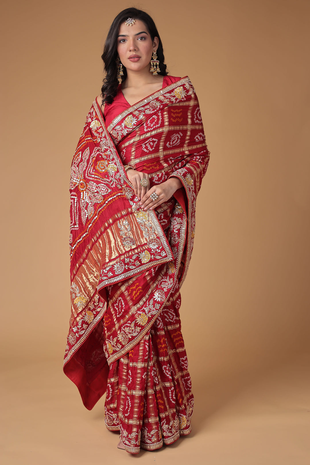 Bandhej Silk Saree with Gota Patti, Embroidered work