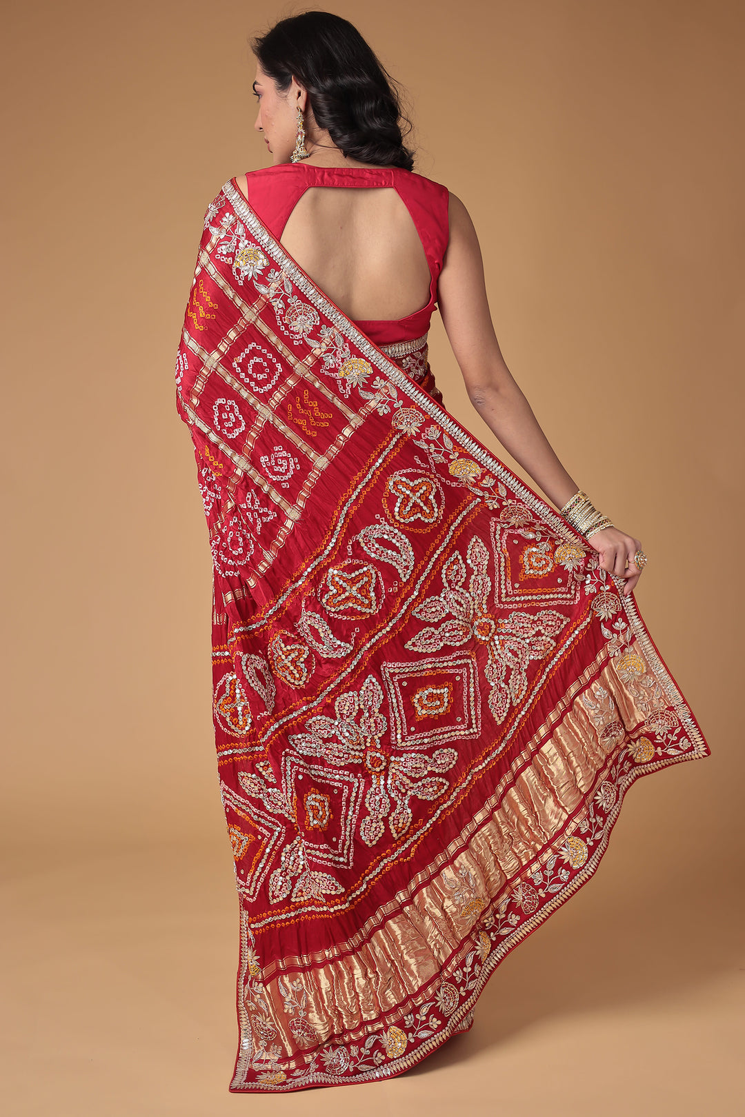 Bandhej Silk Saree with Gota Patti, Embroidered work