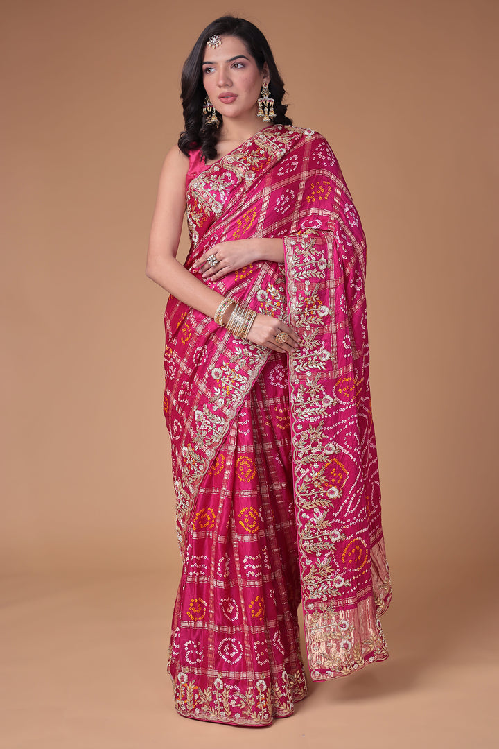 Bandhej Silk Saree with Gota Patti and Zardozi work