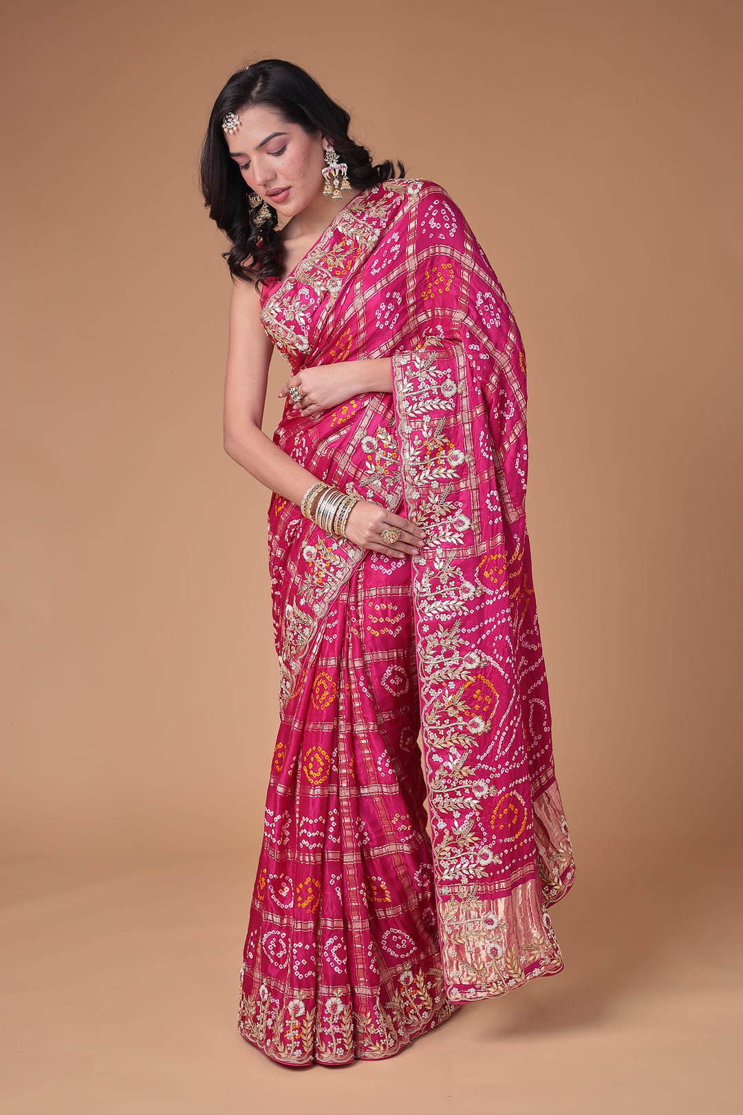 Bandhej Silk Saree with Gota Patti and Zardozi work