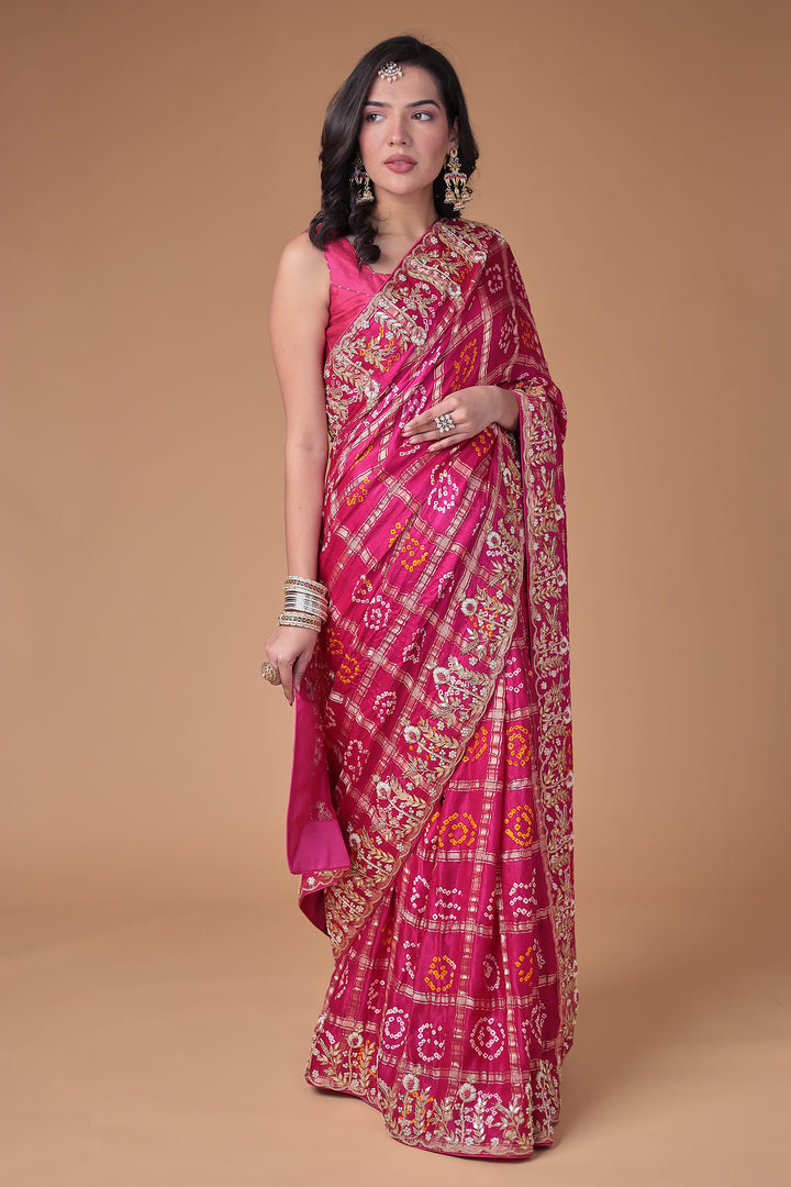 Bandhej Silk Saree with Gota Patti and Zardozi work