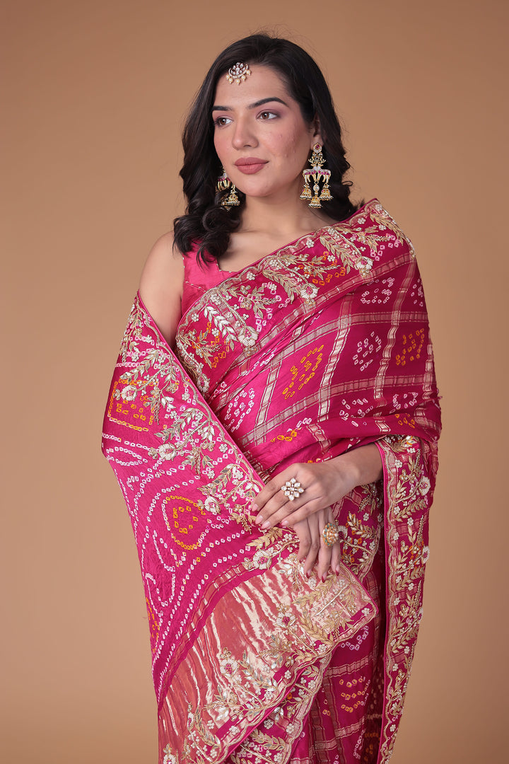 Bandhej Silk Saree with Gota Patti and Zardozi work