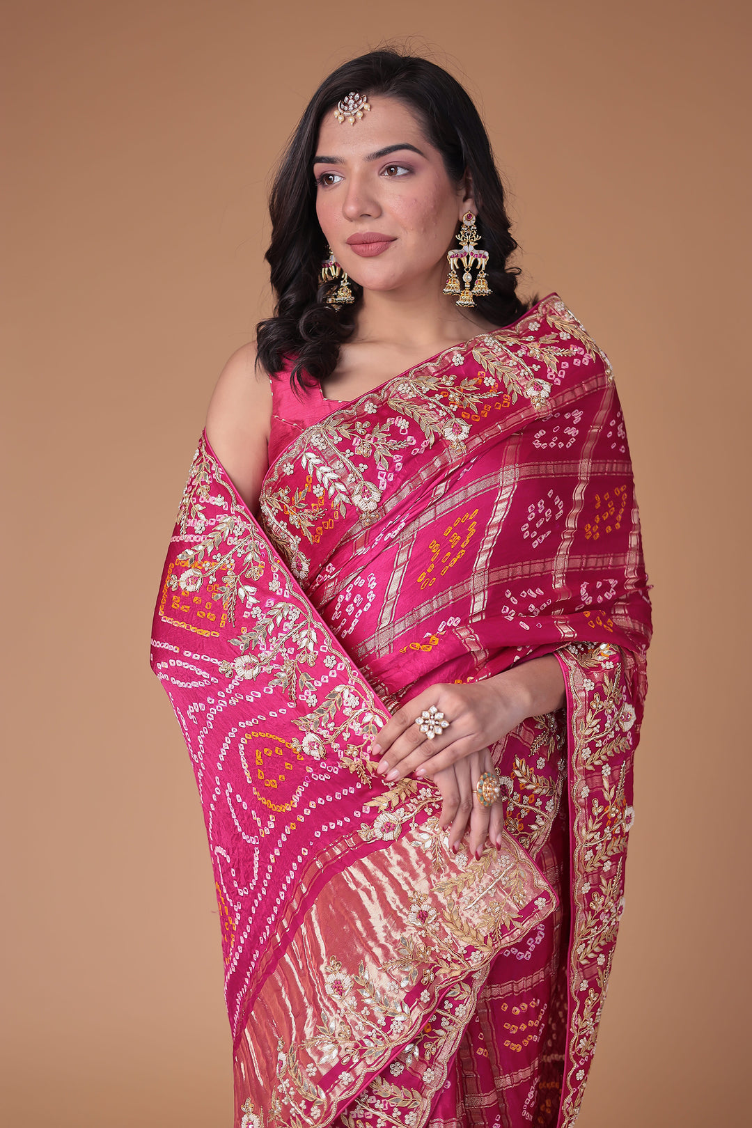 Bandhej Silk Saree with Gota Patti and Zardozi work