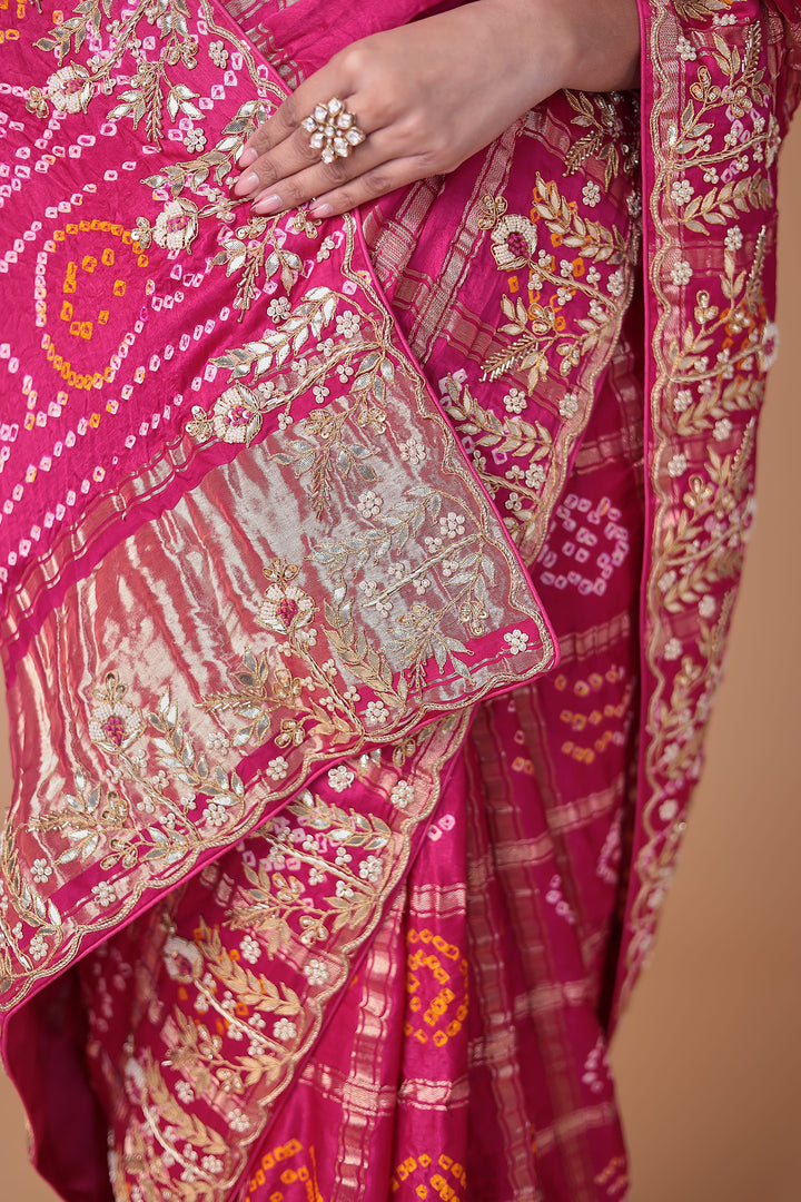 Bandhej Silk Saree with Gota Patti and Zardozi work