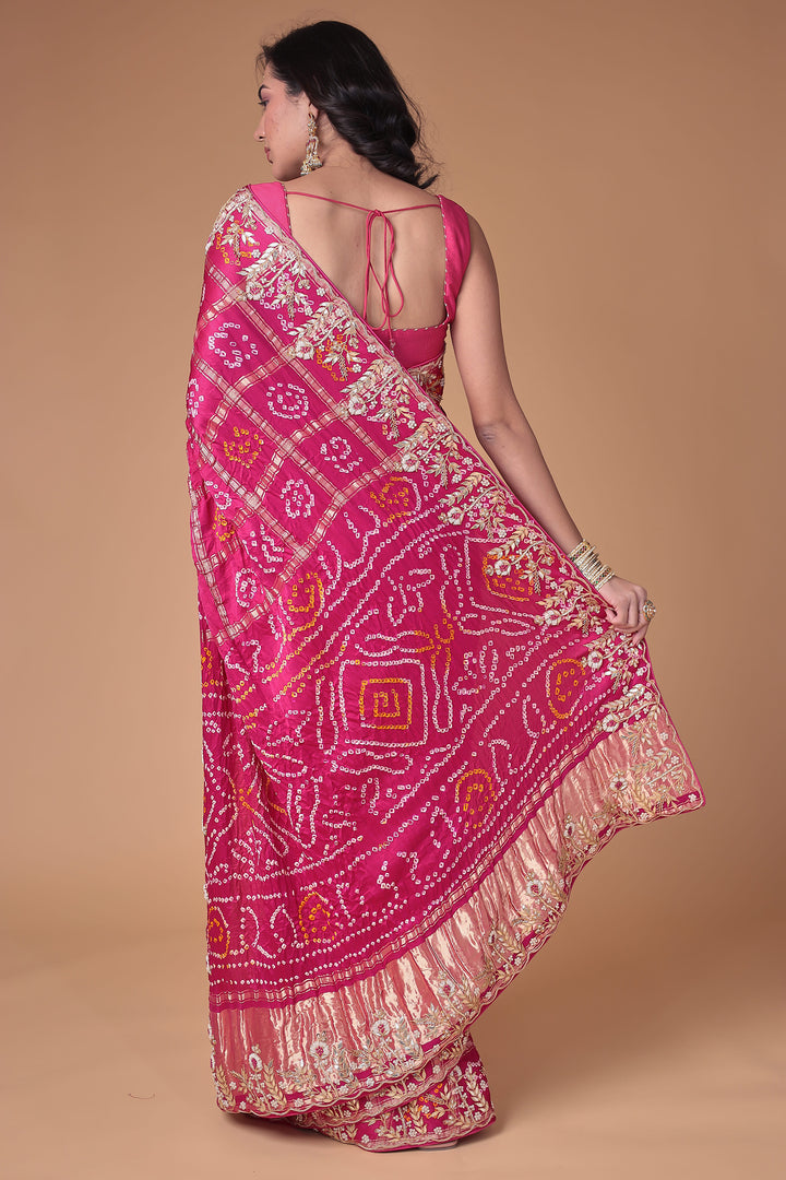 Bandhej Silk Saree with Gota Patti and Zardozi work