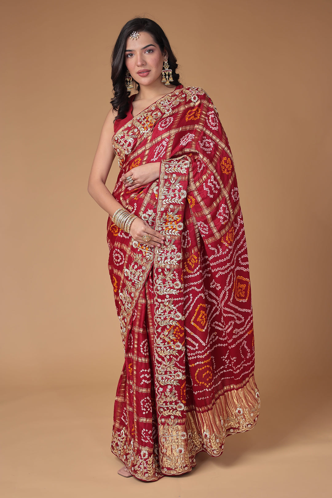 Bandhej Silk Saree with Gota Patti and Zardozi work