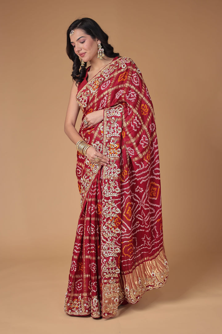 Bandhej Silk Saree with Gota Patti and Zardozi work