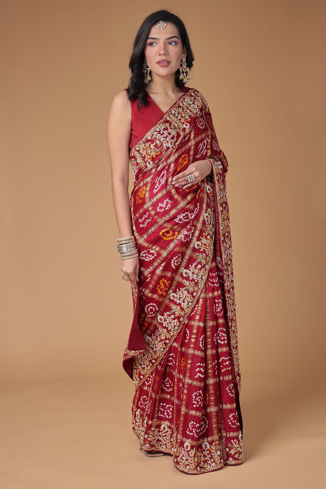 Bandhej Silk Saree with Gota Patti and Zardozi work