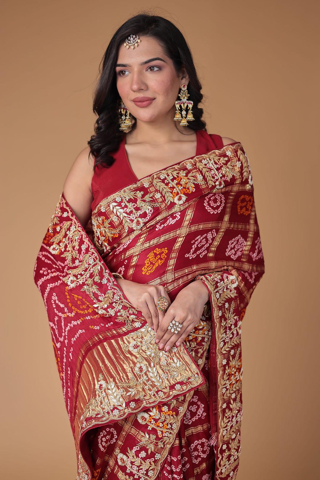 Bandhej Silk Saree with Gota Patti and Zardozi work