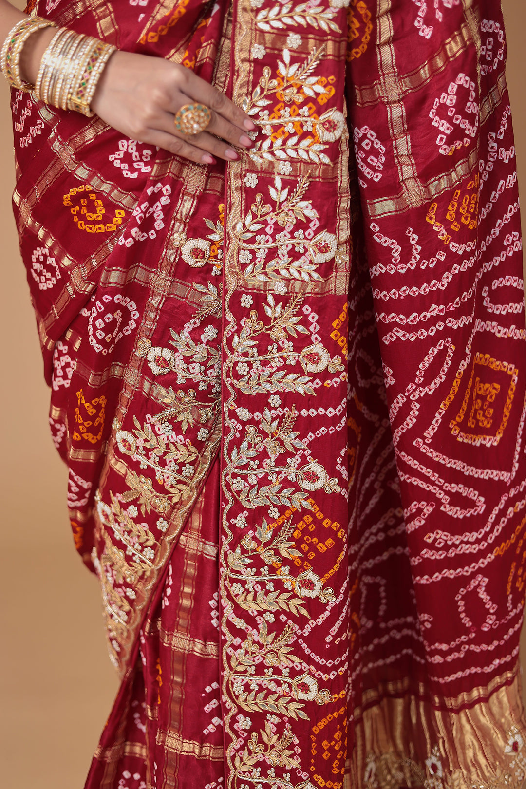 Bandhej Silk Saree with Gota Patti and Zardozi work