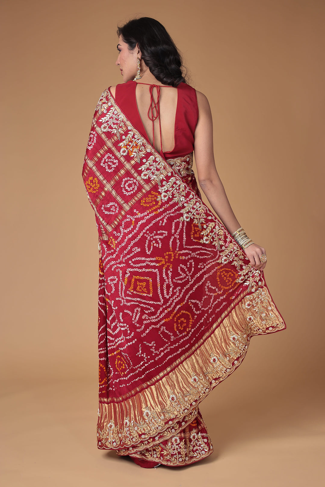 Bandhej Silk Saree with Gota Patti and Zardozi work