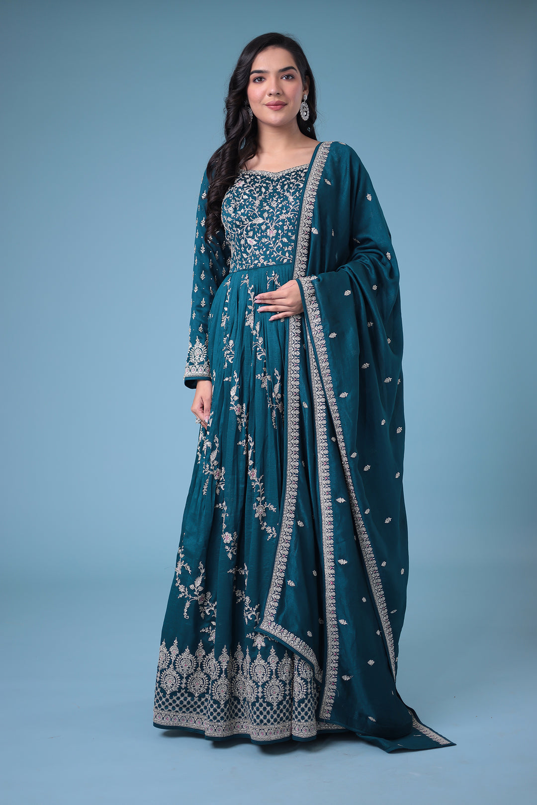 Embroidered Silk Gown with Stone work