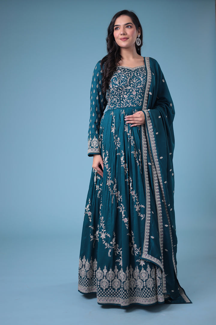 Embroidered Silk Gown with Stone work