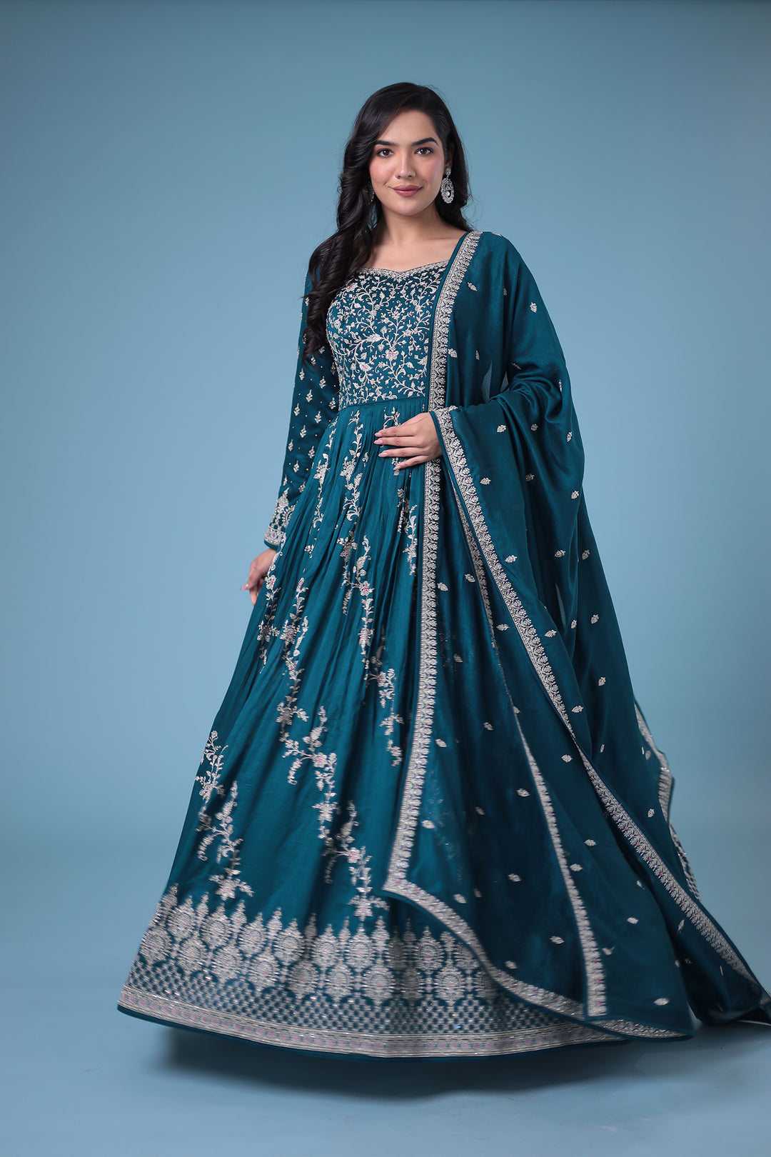 Embroidered Silk Gown with Stone work