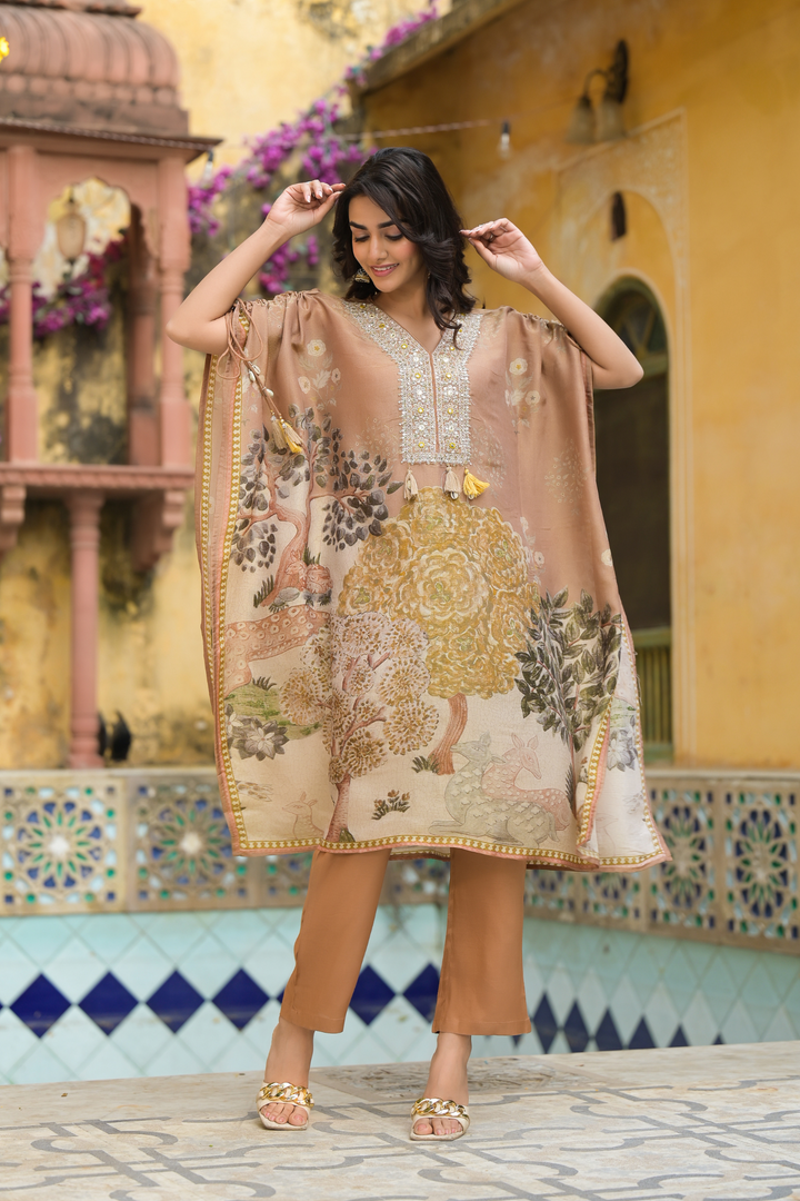 Tissue Kaftan Set with Dori and Thread work