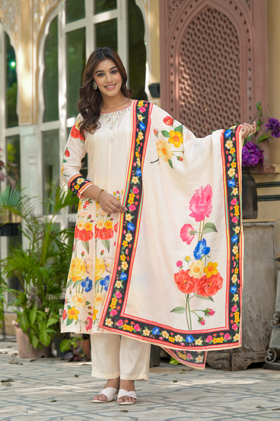 Printed Cotton Silk Kurta Set Stitched with Aari work