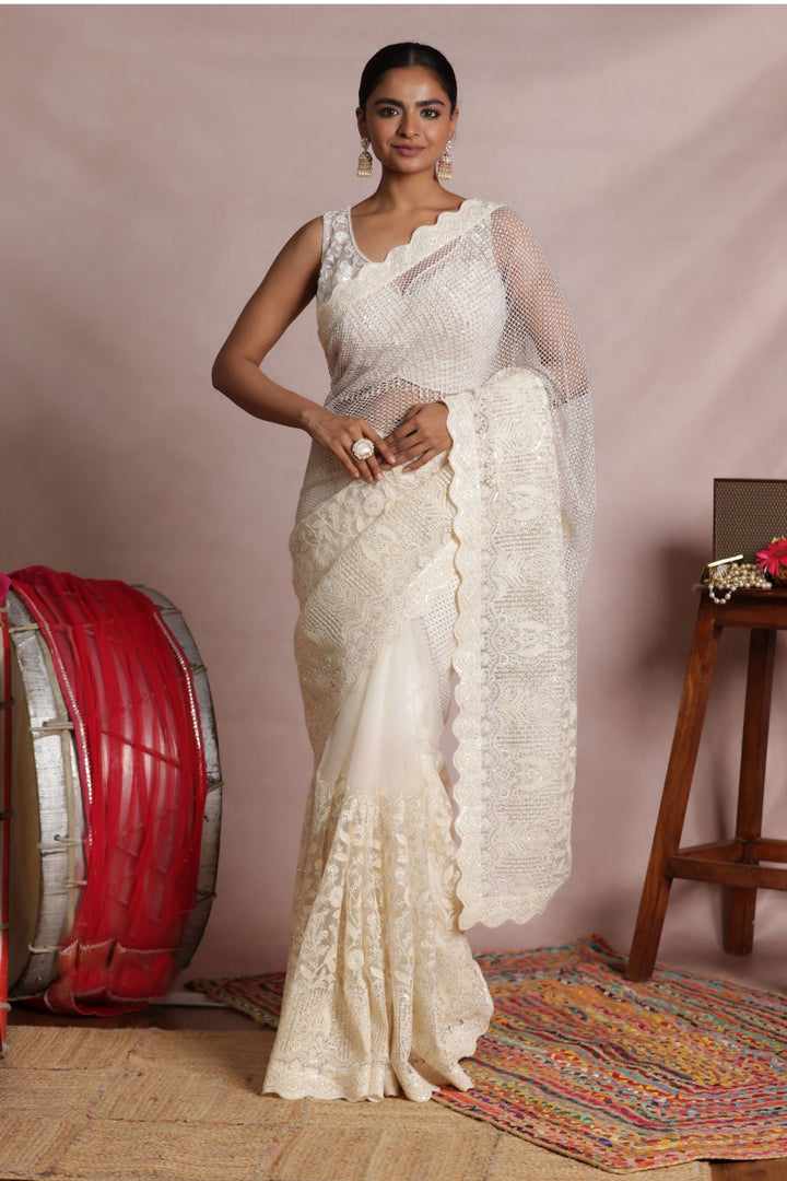 Net Saree Embellished with Thread and Stone work