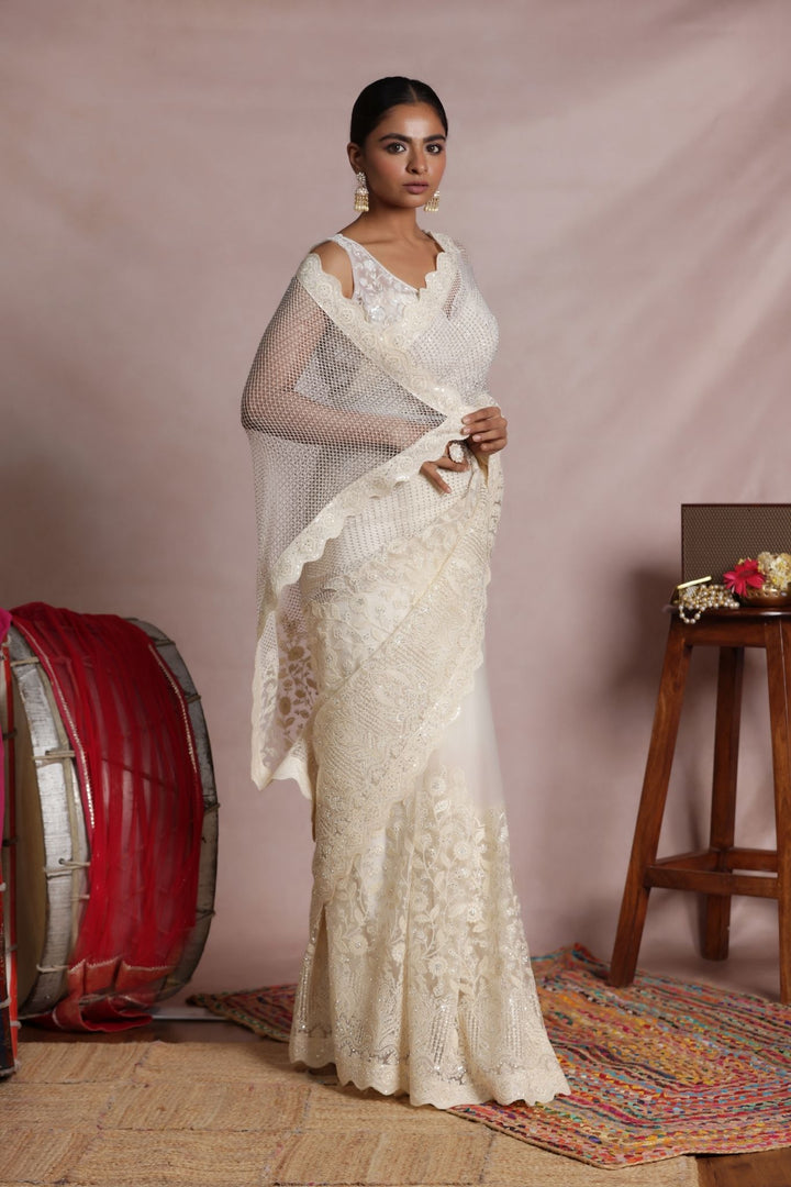 Net Saree Embellished with Thread and Stone work