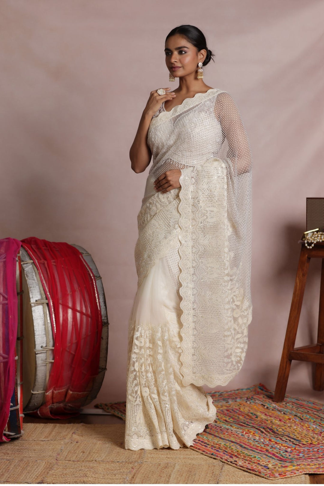 Net Saree Embellished with Thread and Stone work