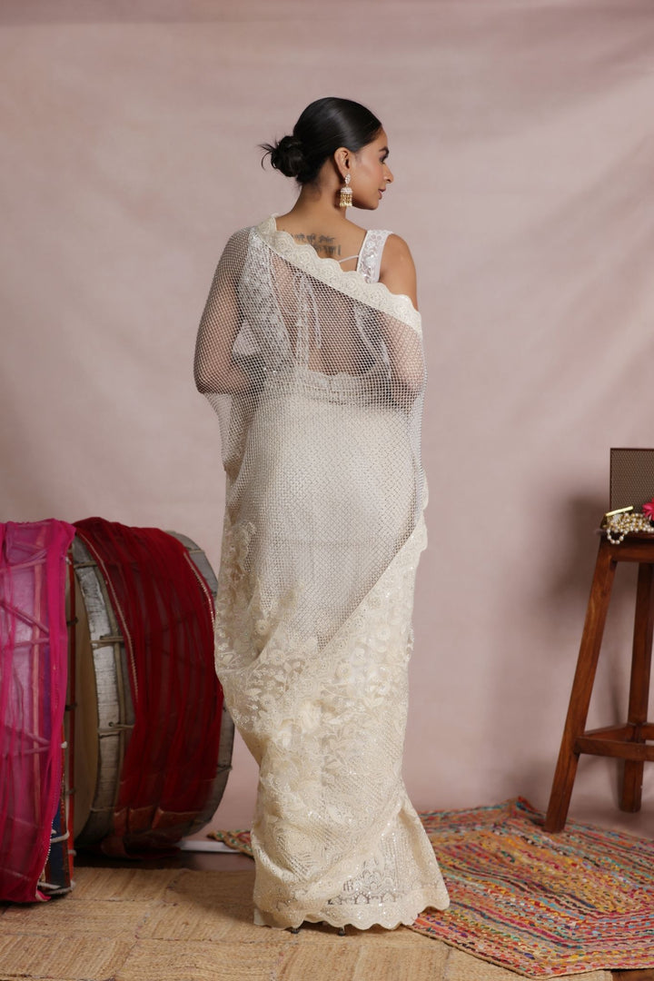 Net Saree Embellished with Thread and Stone work