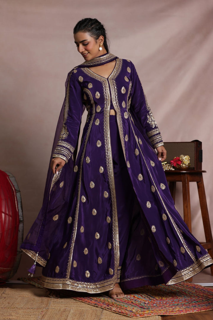 Embroidered Chinon Anarkali Indowestern Suit with Full Flare