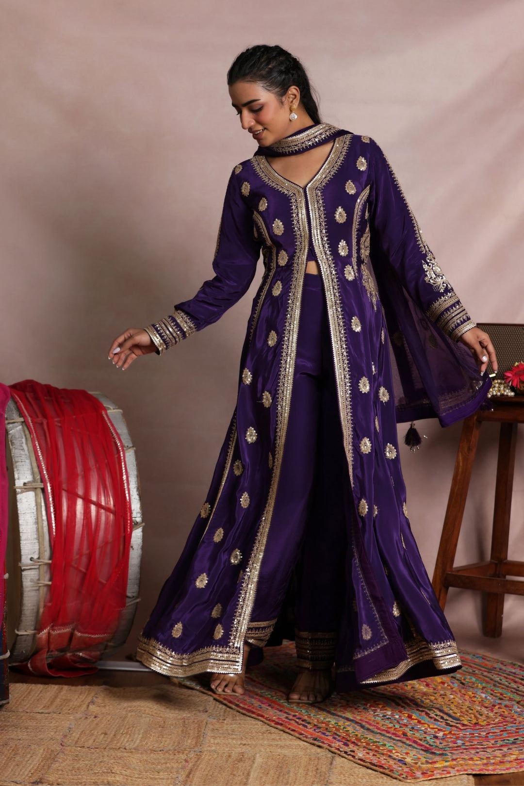 Embroidered Chinon Anarkali Indowestern Suit with Full Flare